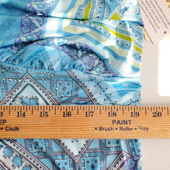 off shoulder floral dress knee length Rina Di Montella RD207 Short Semi-Formal Dress Blue Multi / 8